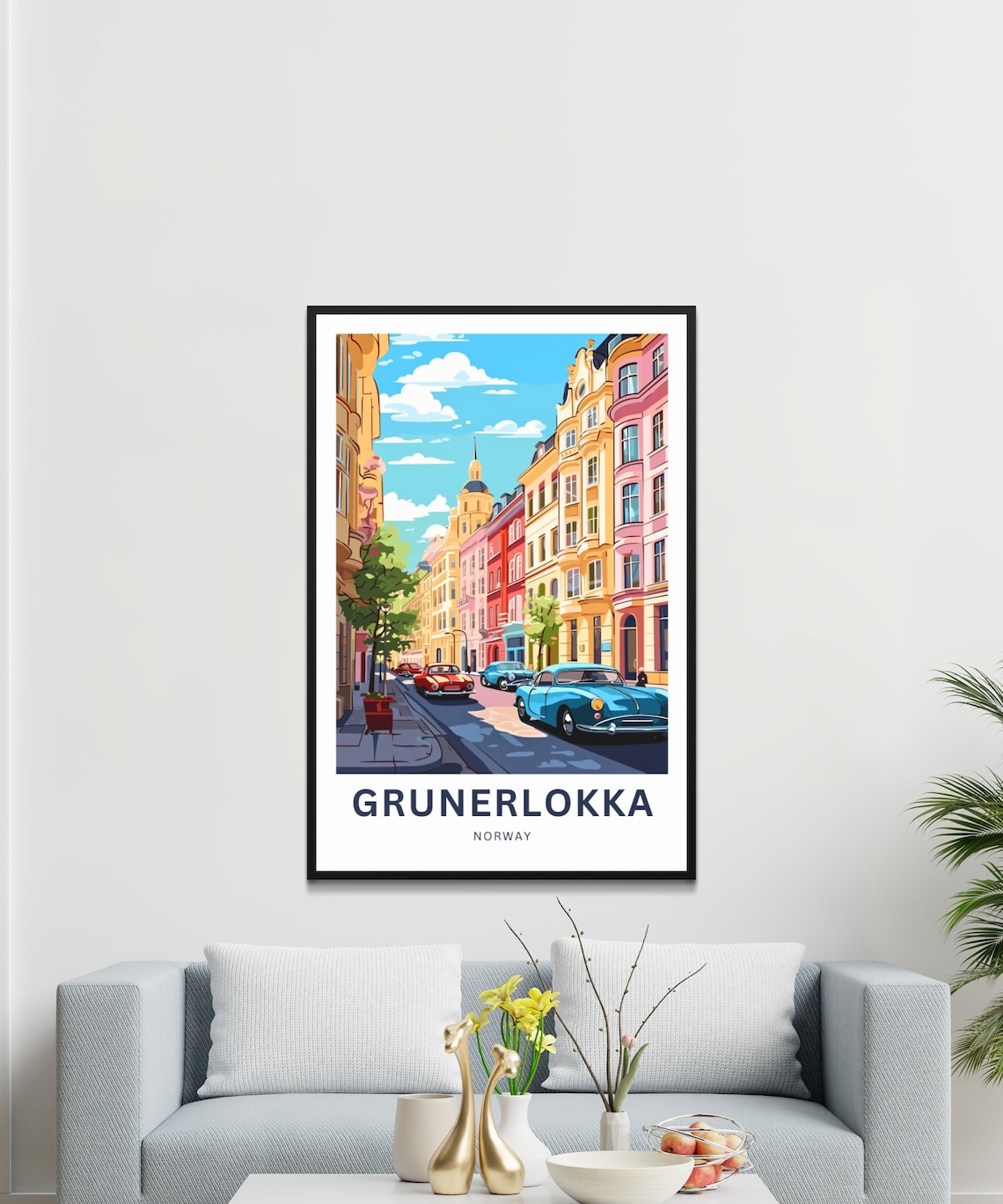 Grunerlokka Norway Pastel Pink Street Classic Cars Retro Travel Poster - Image 3