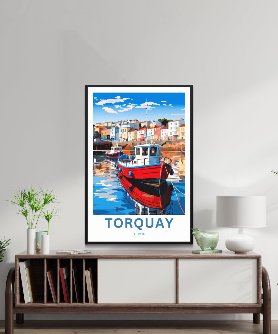 Torquay Devon Travel Poster Red Fishing Boat Harbour Houses Art - Image 2