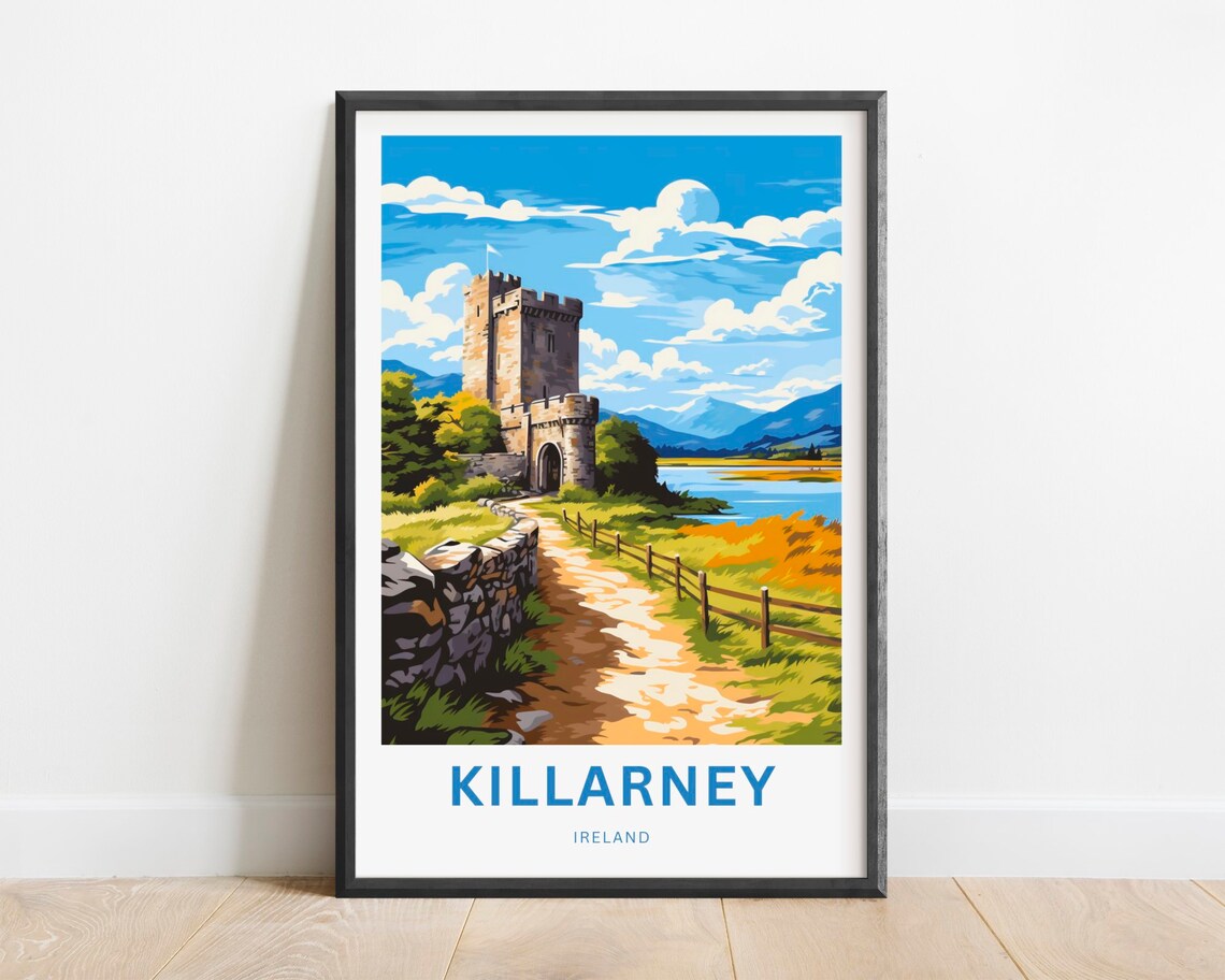 Killarney Ireland Castle Tower Lakeside Green Scenic Travel Poster