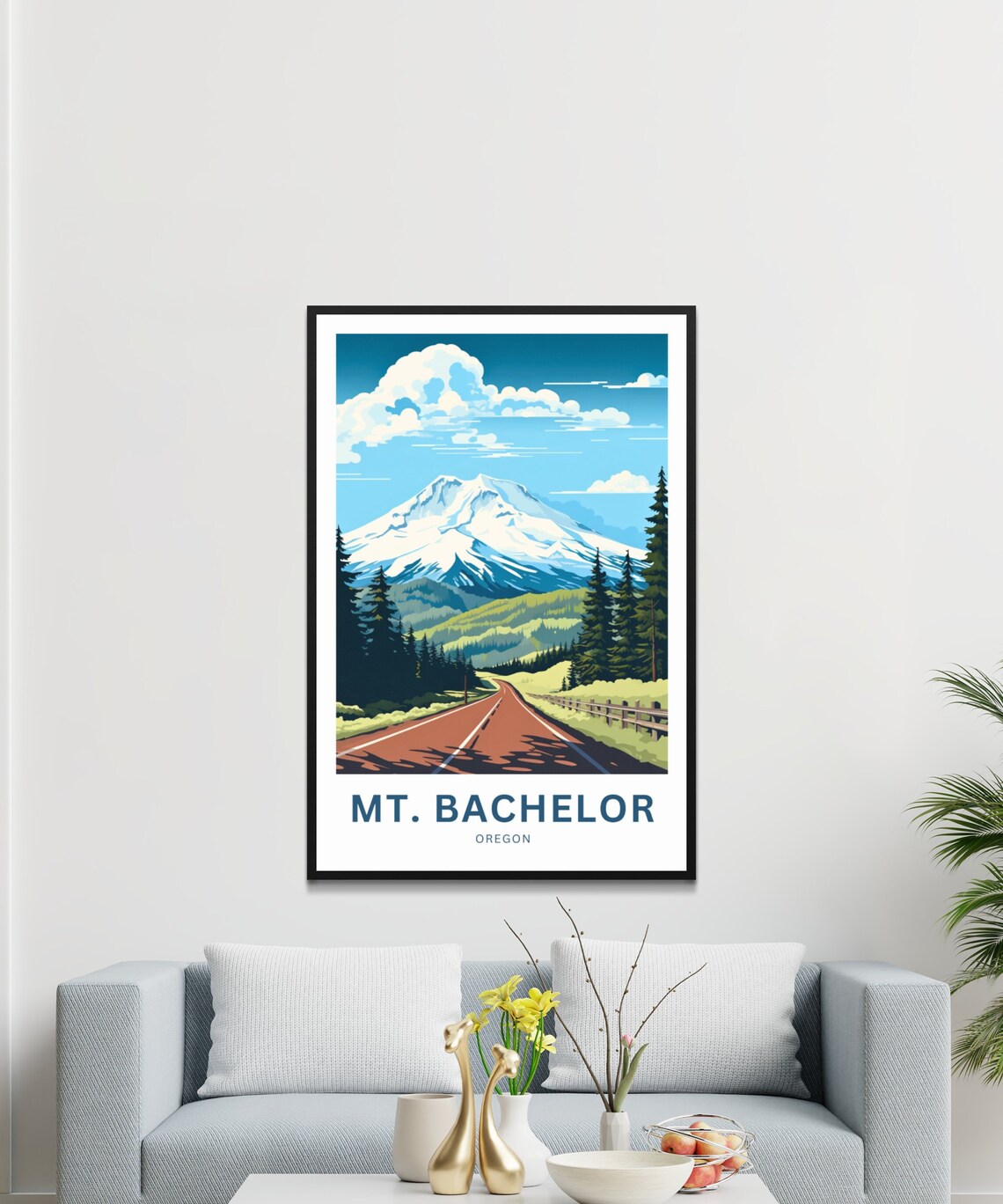 Mt Bachelor Oregon Snowcapped Peak Pine Forest Red Road Travel Poster - Image 3