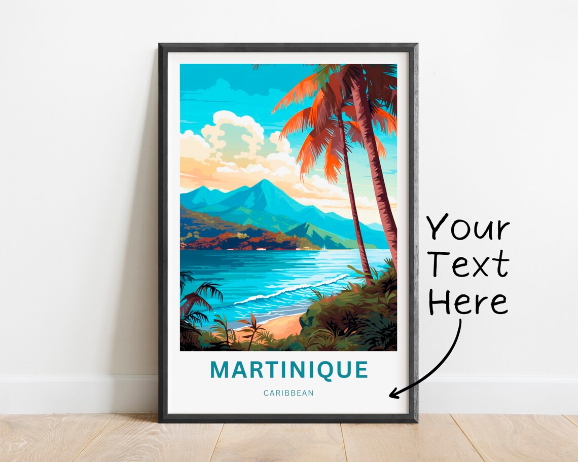 Martinique Caribbean Beach Palm Trees Mountain Coast Travel Poster