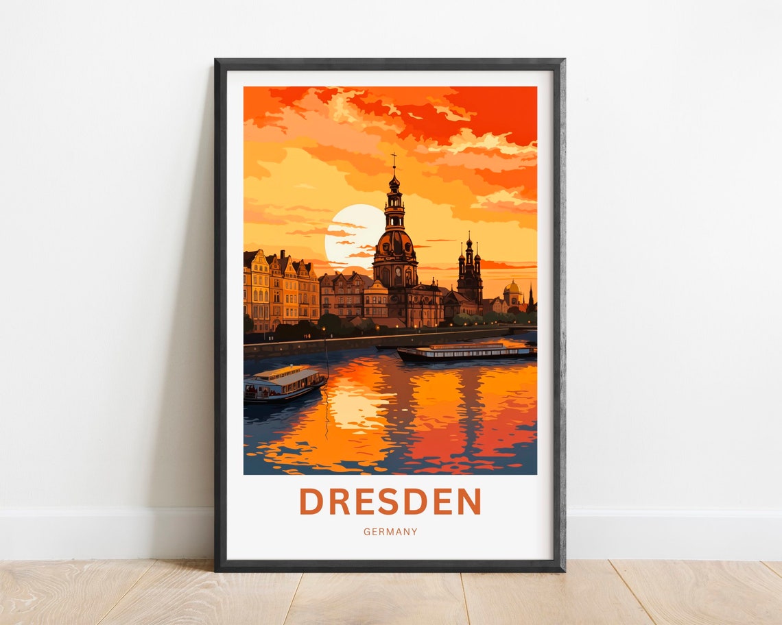 Dresden Germany Elbe River Sunset Church Skyline View Poster