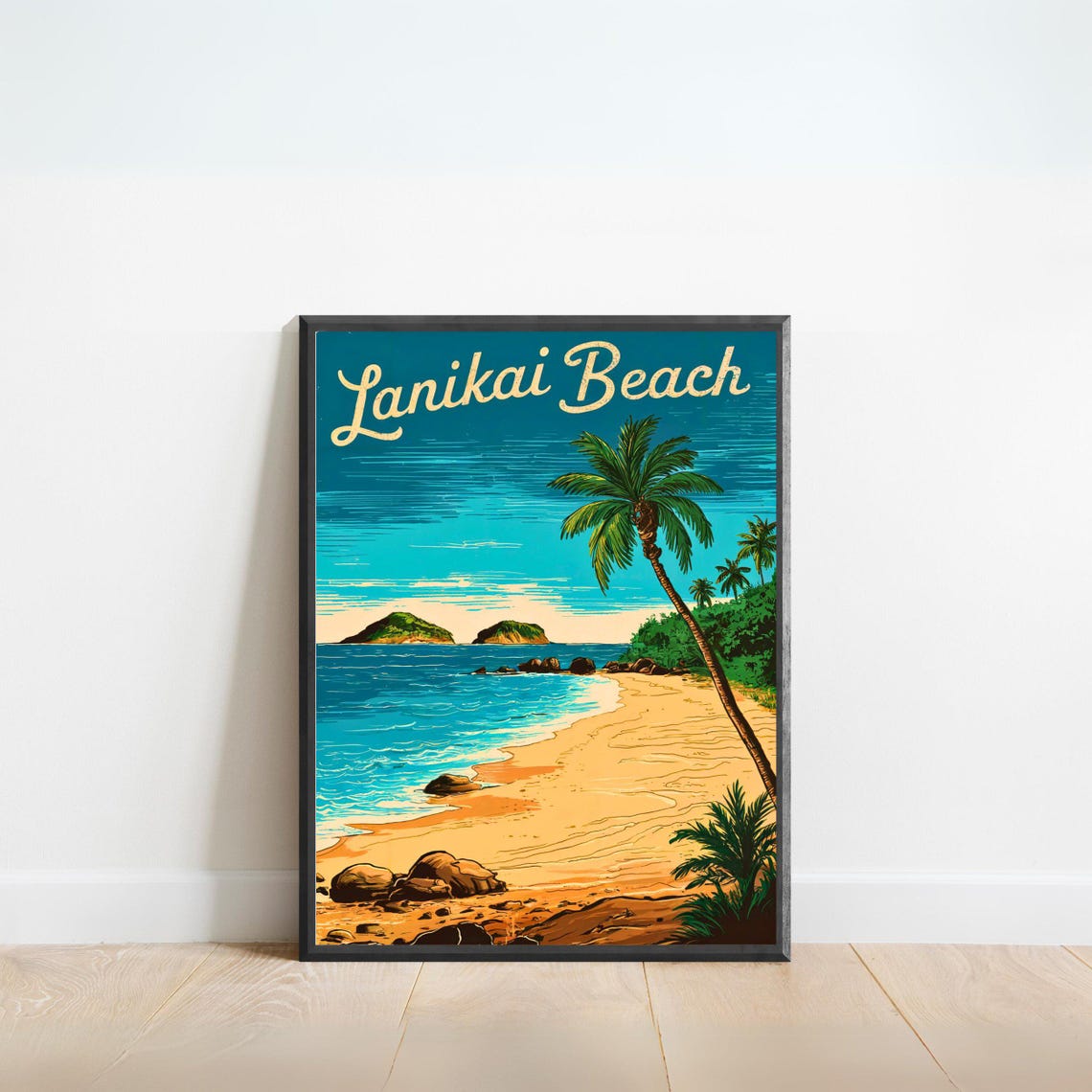 Lanikai Beach Hawaii Palm Tree Offshore Islands Vintage Poster