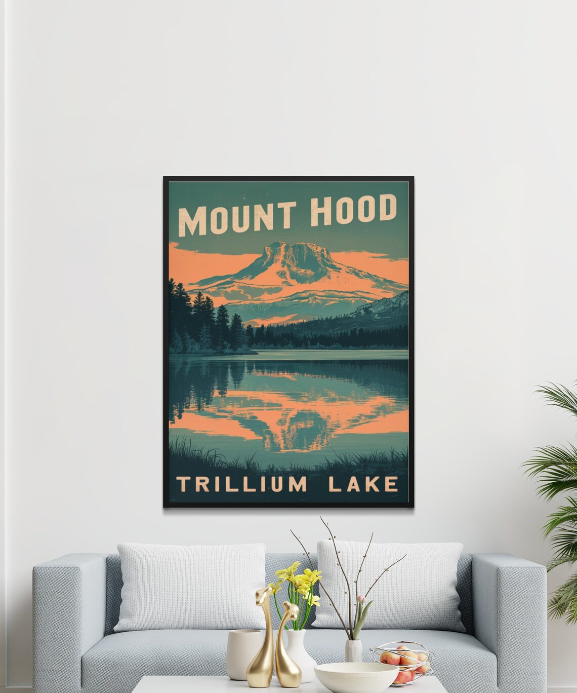 Mount Hood Trillium Lake Vintage Poster with Sunset Lake Reflection