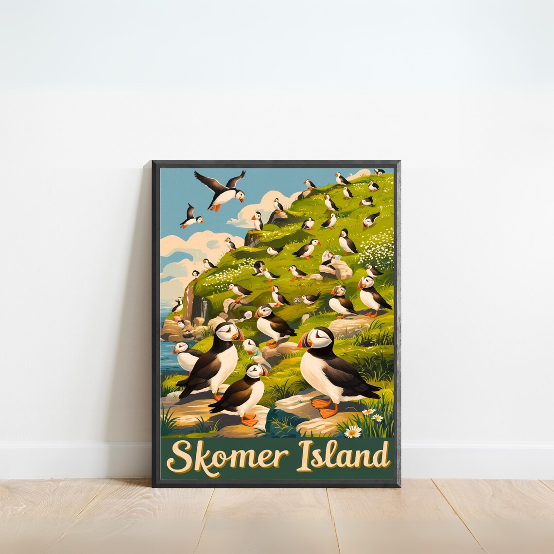 Skomer Island Vintage Puffin Colony on Rocky Cliffside Poster