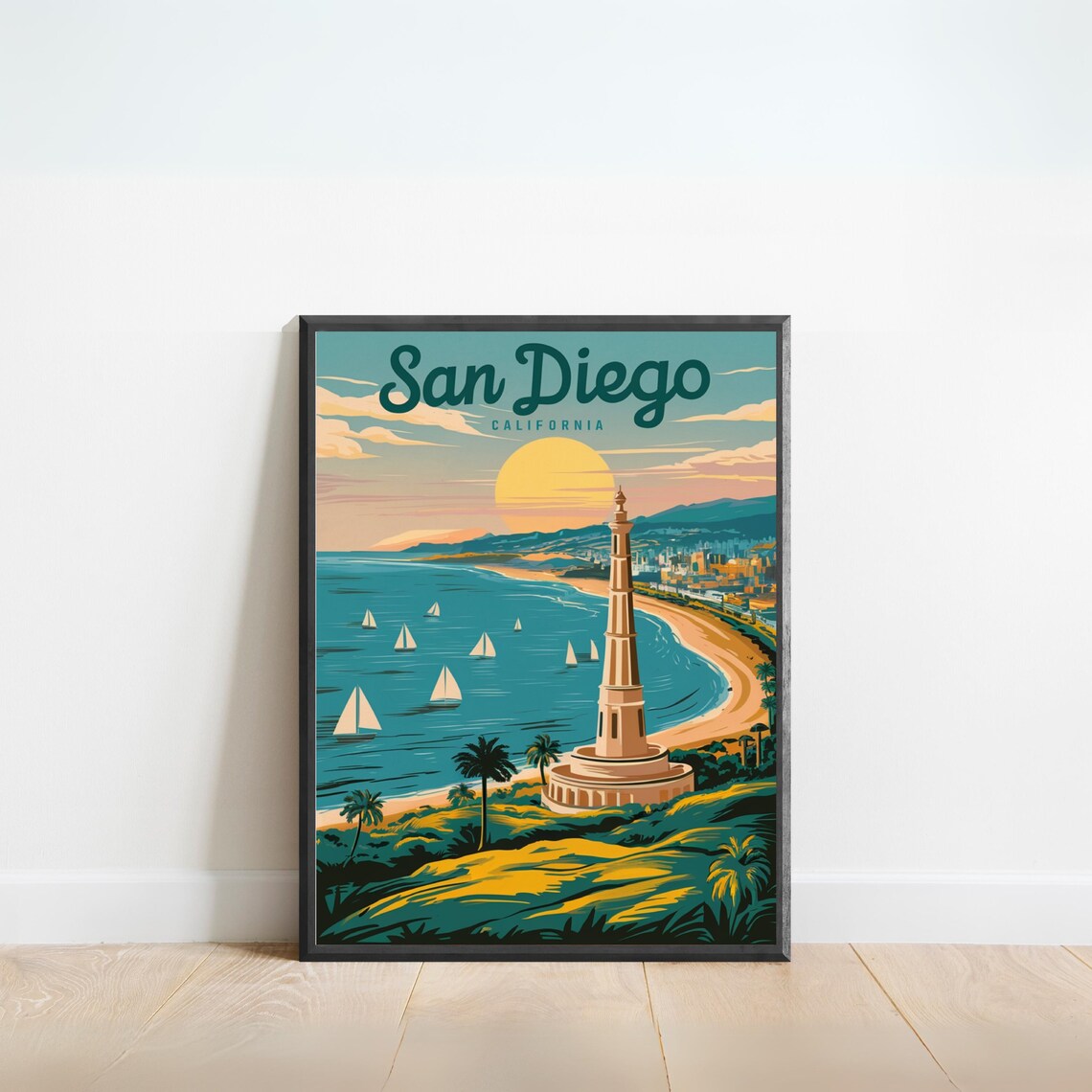 San Diego California Sailboats Sunset Bay Vintage Travel Poster