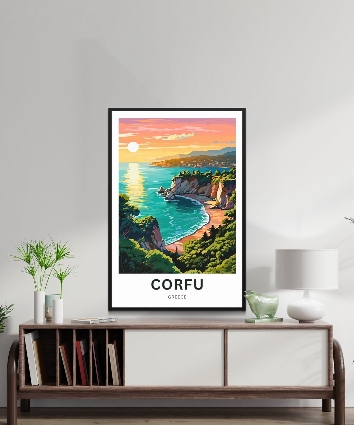 Corfu Greece Golden Sunset Beach Cliffs and Pine Forest Travel Poster - Image 2