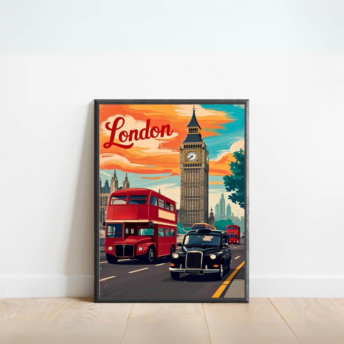 London England Big Ben Vintage Double Decker Bus Travel Poster