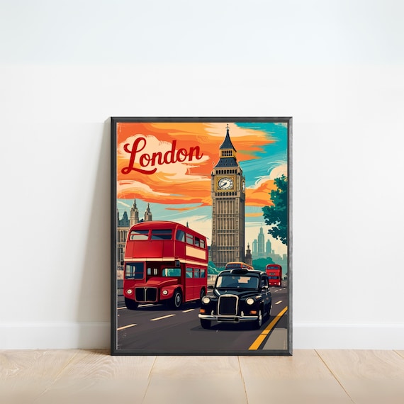 London England Big Ben Vintage Double Decker Bus Travel Poster