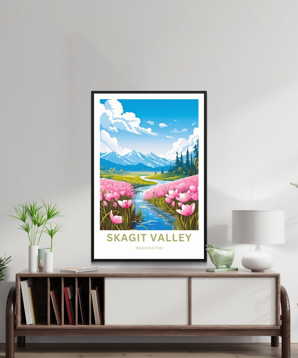 Skagit Valley Washington Pink Tulip Fields Mountain Travel Poster - Image 3