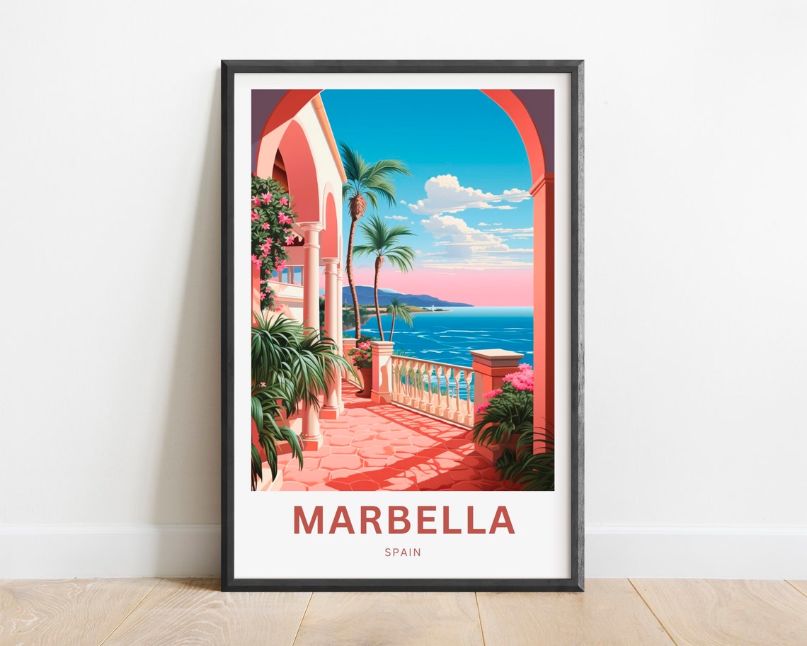 Marbella Spain Mediterranean Terrace Palm Sea View Travel Poster