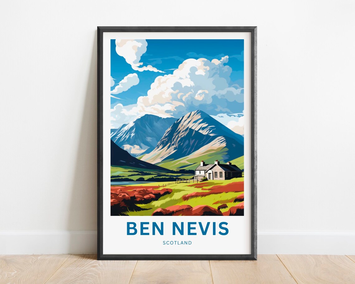 Ben Nevis Scotland Mountain Peaks and Highland Stone Cottage Poster
