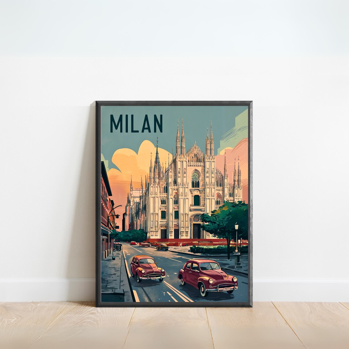 Milan Italy Vintage Travel Poster Duomo Cathedral Retro Classic Cars Wall Decor