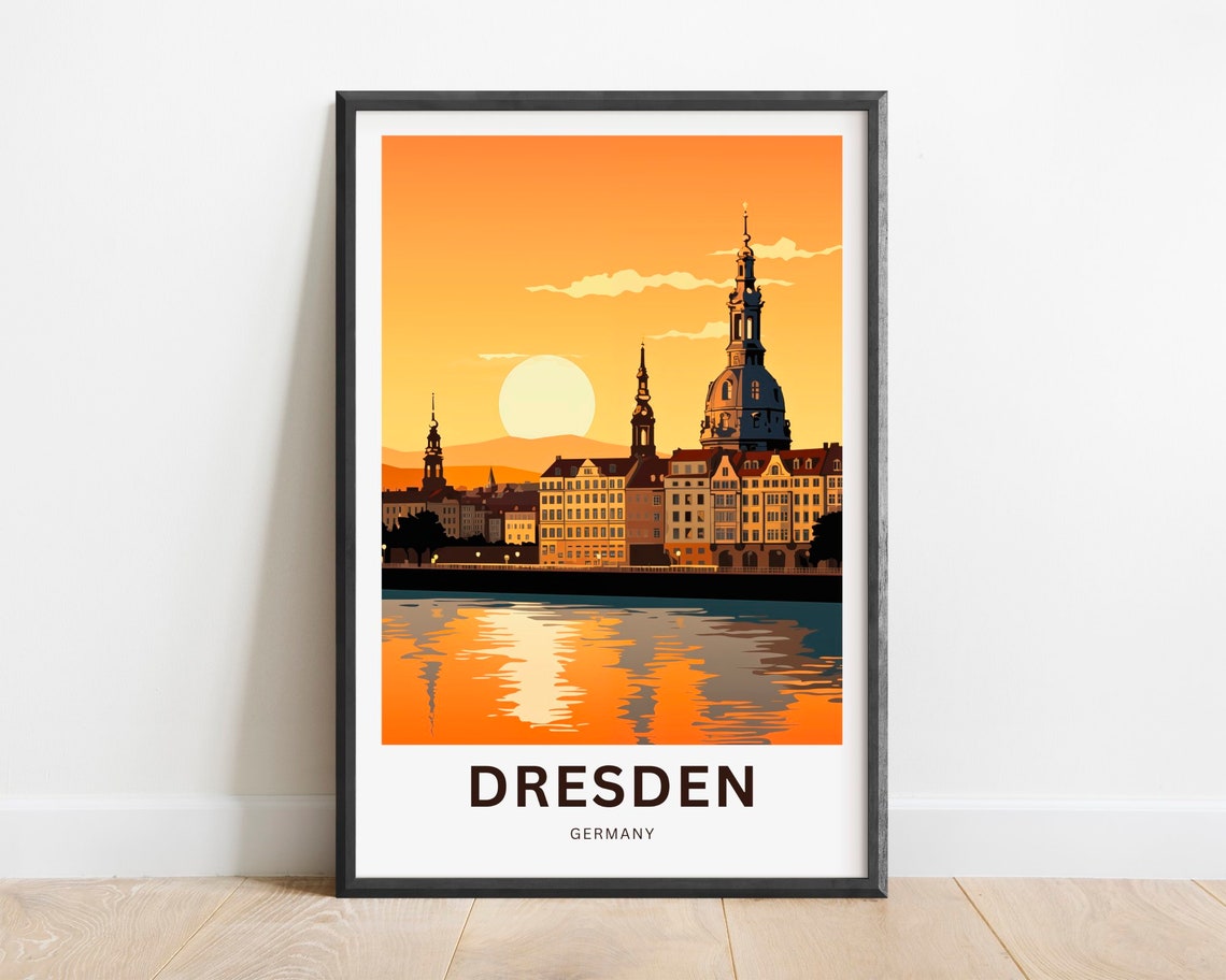 Dresden Germany Orange Sunset Over the Old Town Riverside Poster