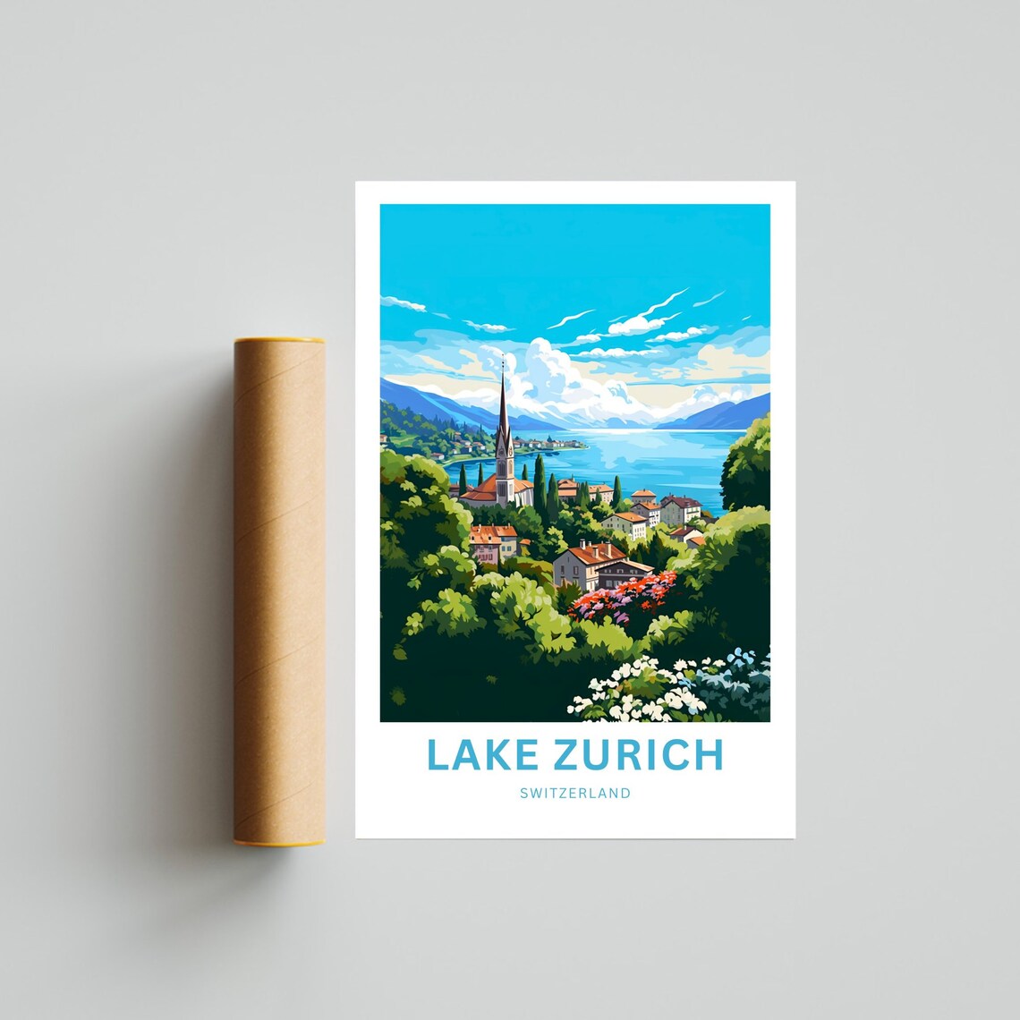 Lake Zurich Switzerland Green Hillside Village Flowers Travel Poster - Image 4
