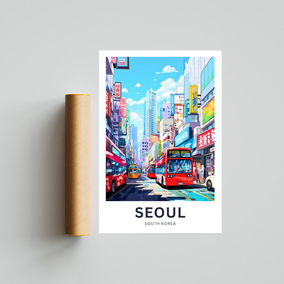 Seoul South Korea Vibrant City Street Double Decker Bus Travel Poster - Image 4