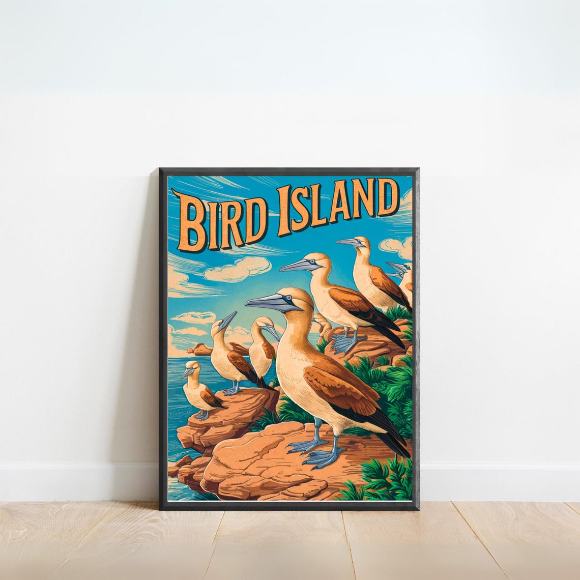 Bird Island Blue Footed Seabird Colony Red Cliffs Retro Travel Poster