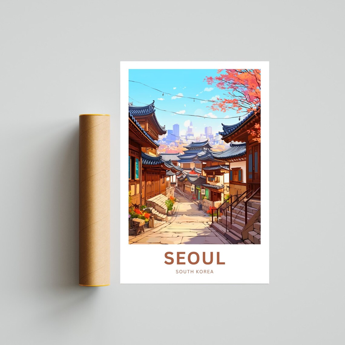 Seoul South Korea Travel Poster Hanok Village Alley Skyline Art - Image 4