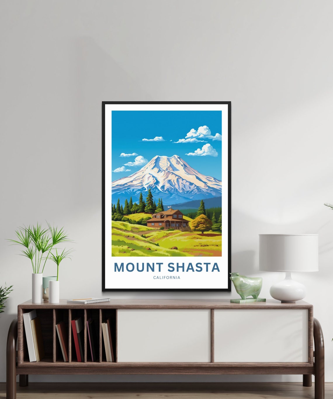 Personalized Mount Shasta California Snowy Peak Log Cabin Poster - Image 2