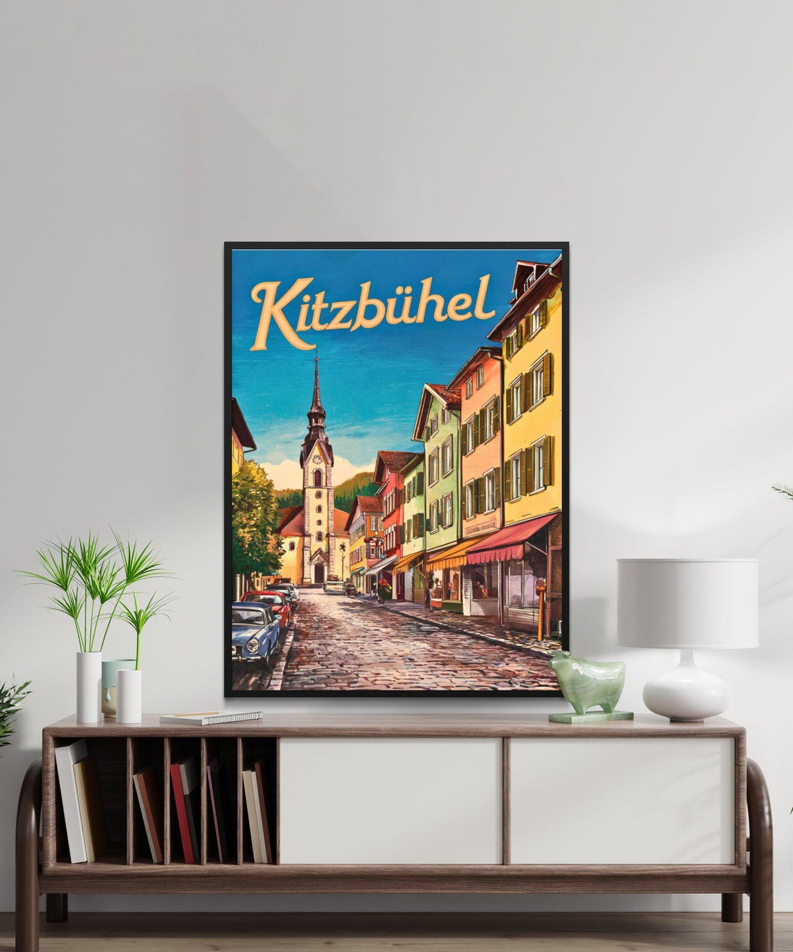 Kitzbuhel Austria Vintage Street Poster Cobblestone Town Church Spire - Image 3