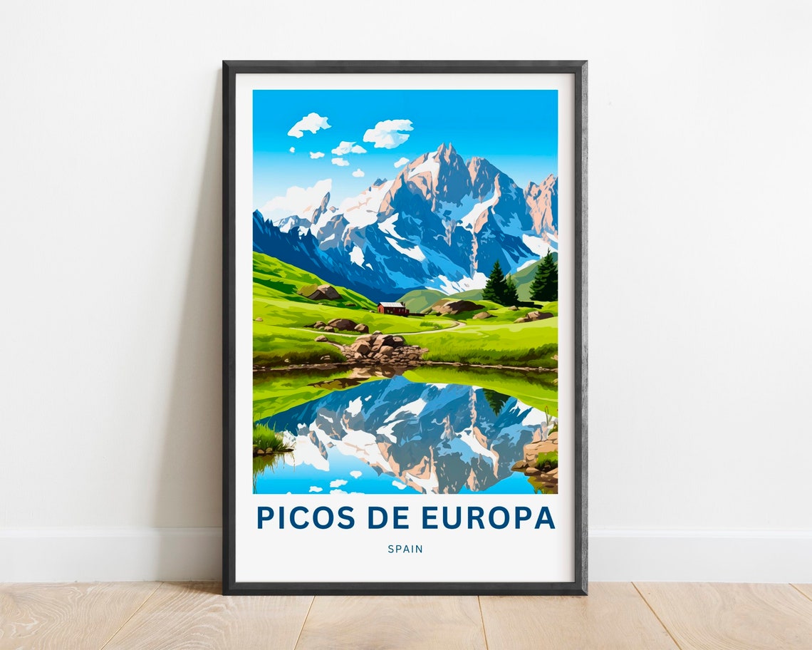 Picos de Europa Spain Mountain Lake Mirror Reflection Travel Poster