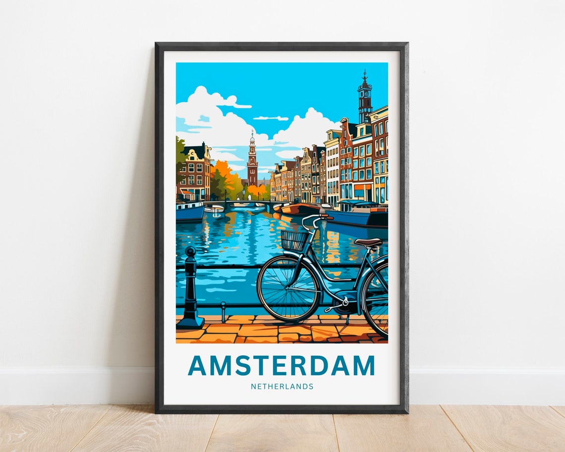 Amsterdam Netherlands Canal Bicycle Vintage Travel Poster Boats Gift