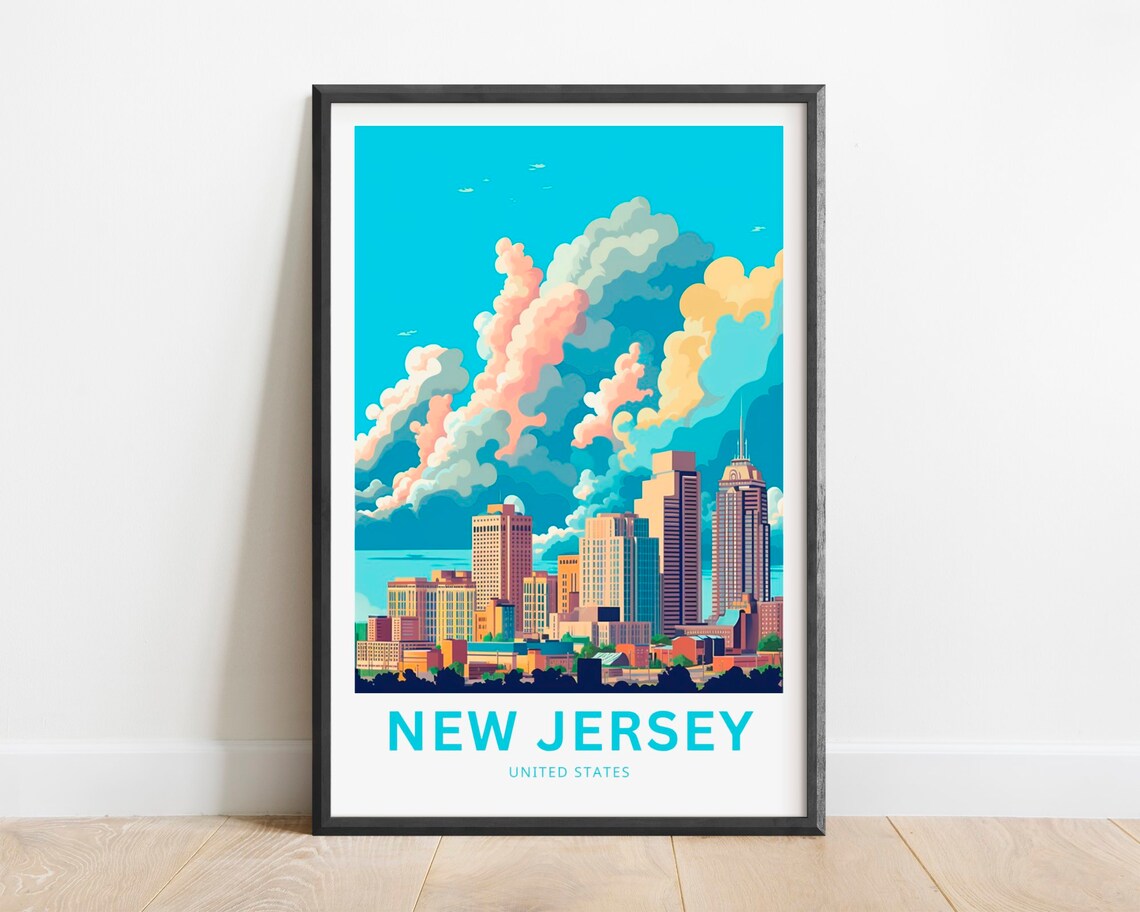 New Jersey United States Travel Poster City Skyline Dramatic Clouds