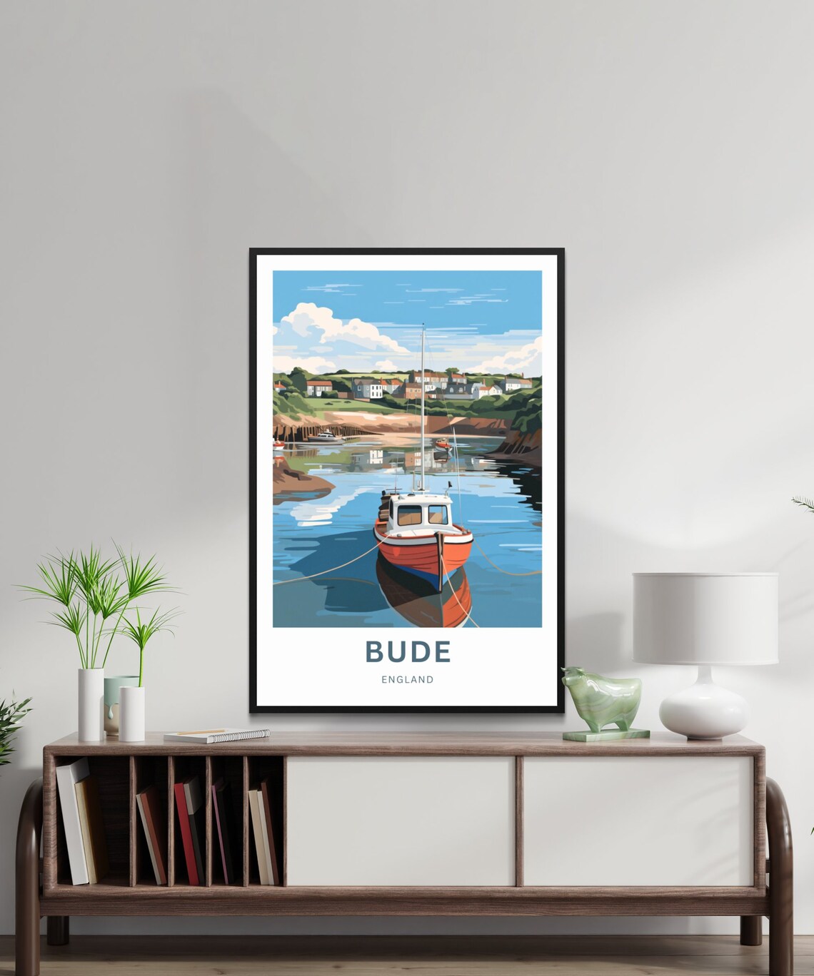 Bude England Harbor Red Fishing Boat Vintage Style Travel Poster - Image 2