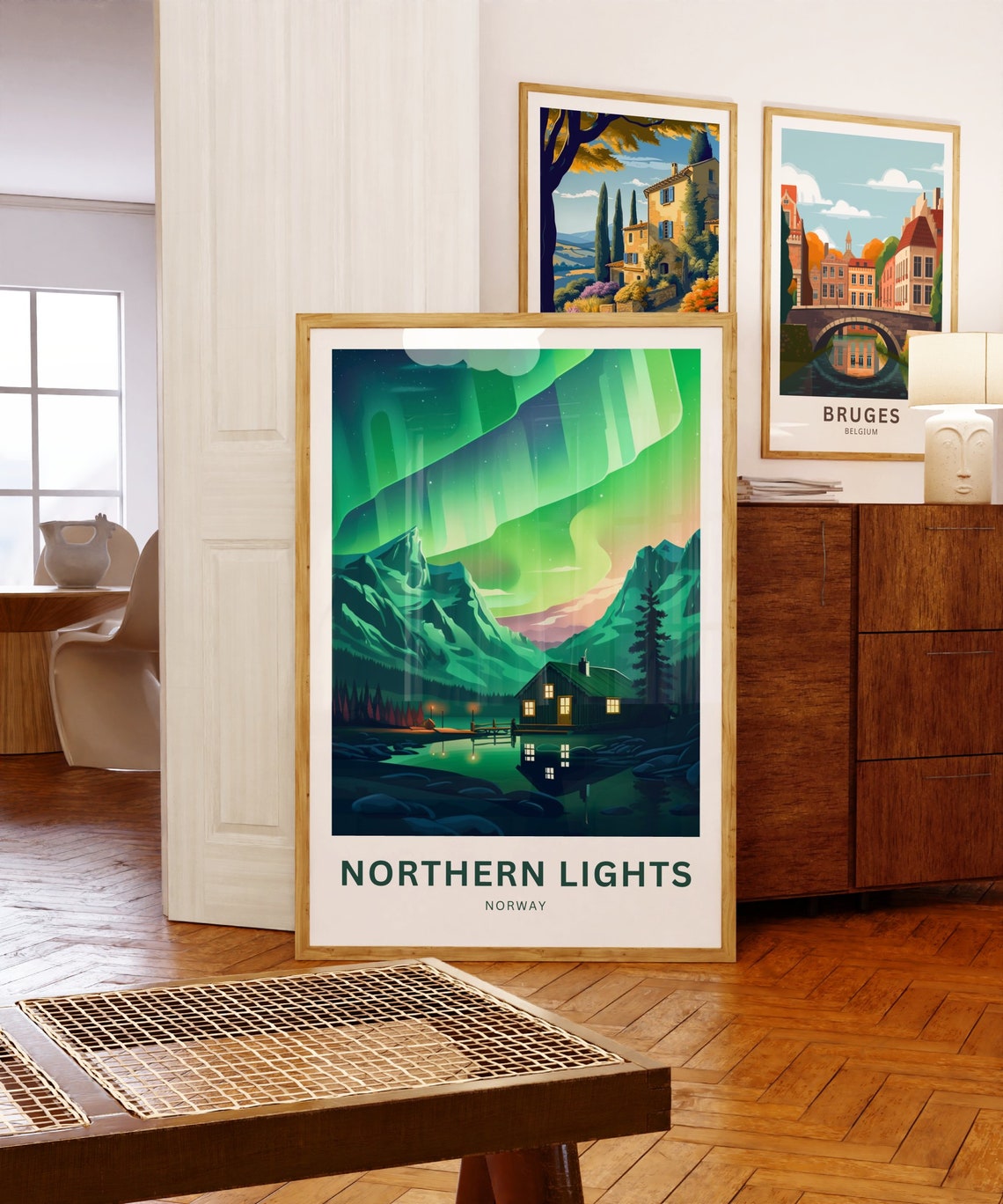 Northern Lights Norway Aurora Lake Cabin Night Sky Art Poster - Image 5