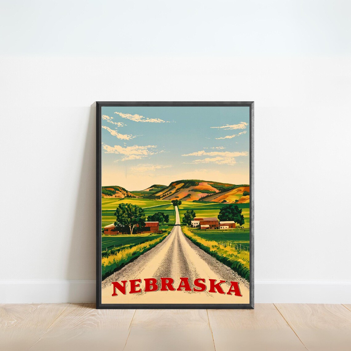 Nebraska Gravel Road Farmstead Buttes Vintage Travel Art Poster