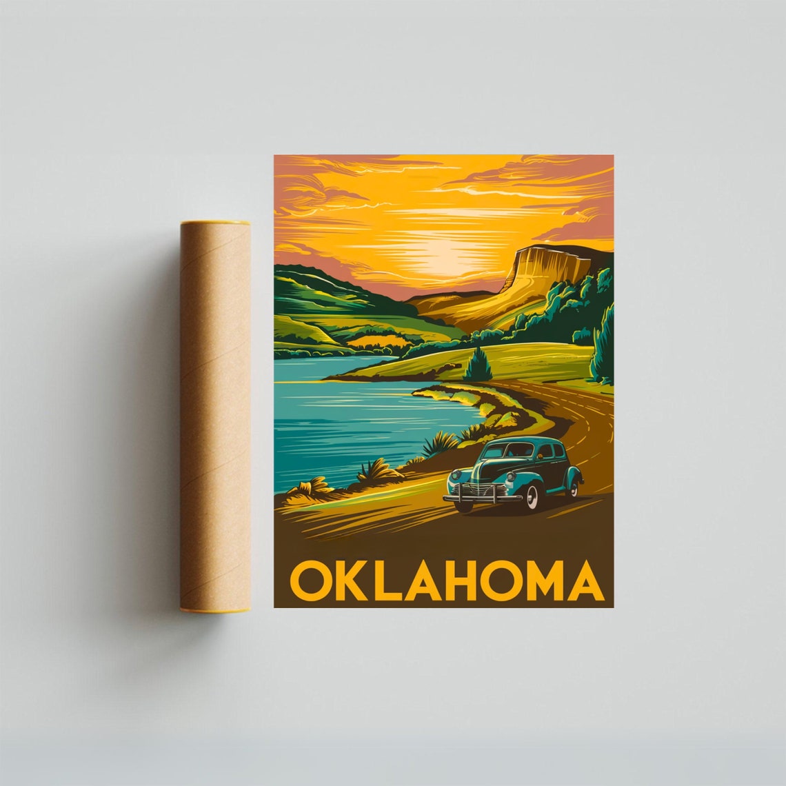 Oklahoma Vintage Car Lakeside Golden Sunset Road Travel Poster - Image 4