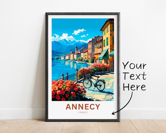 Annecy France Lakeside Promenade Bicycle Flowers Vintage Art Poster
