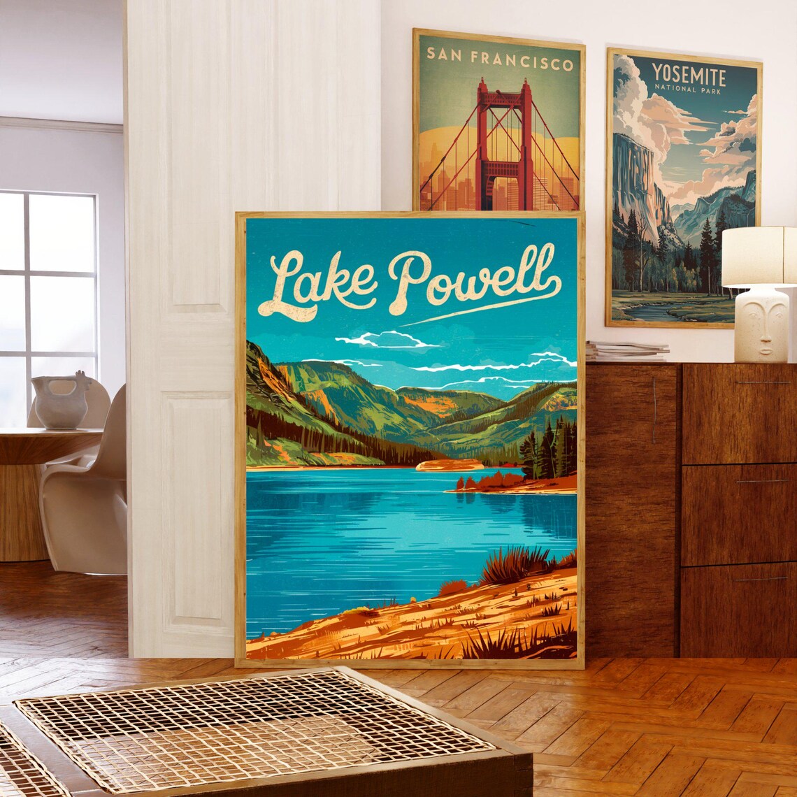 Lake Powell Vintage Turquoise Lake Mountain Travel Art Poster - Image 3