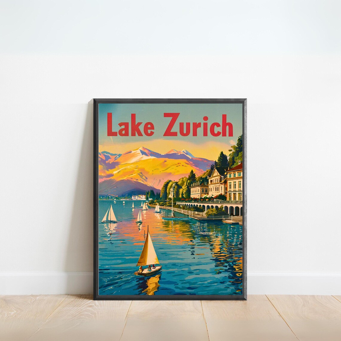Lake Zurich Sailboats Sunset Promenade Vintage Travel Poster