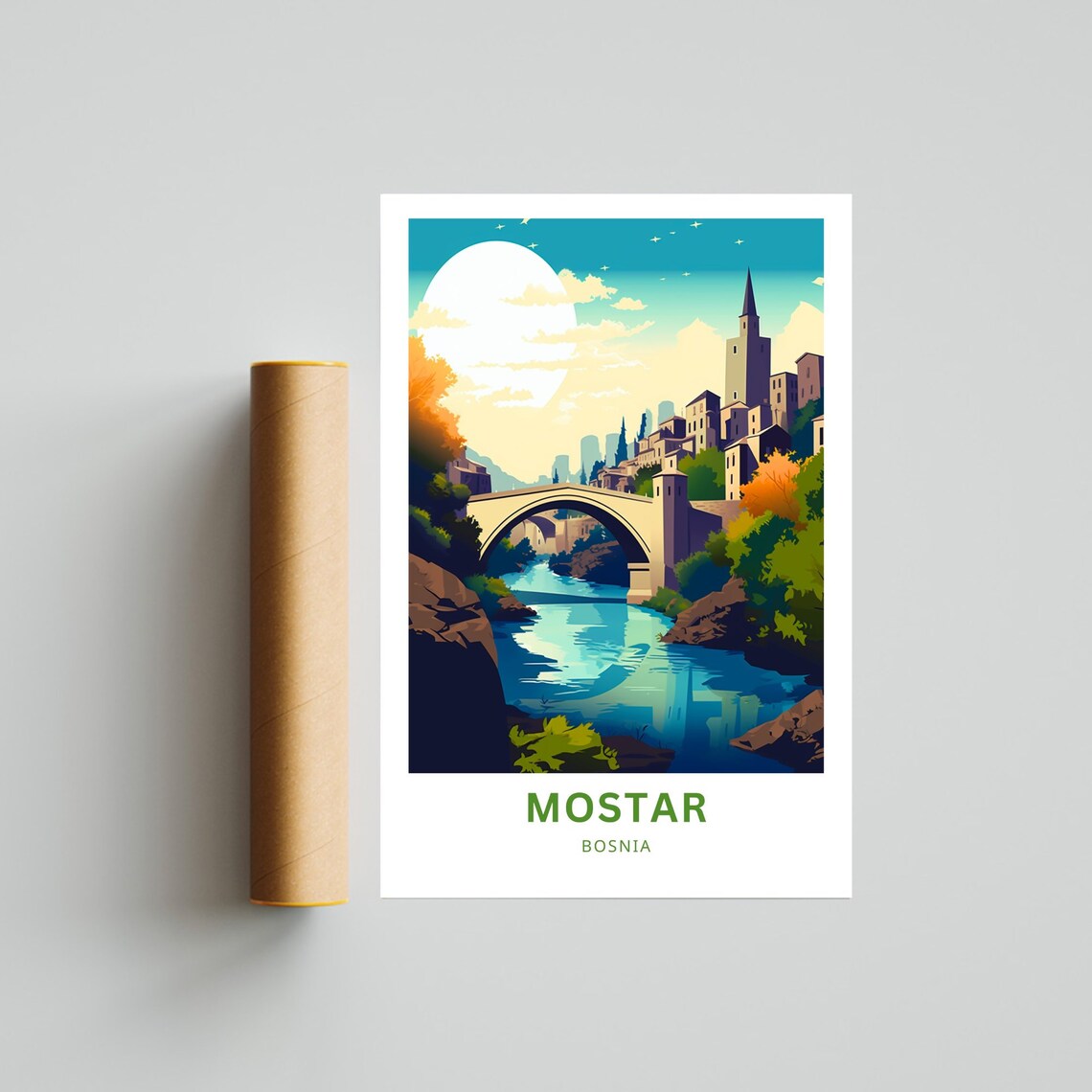 Mostar Bosnia Stari Most Old Bridge River Sunset Travel Poster - Image 4