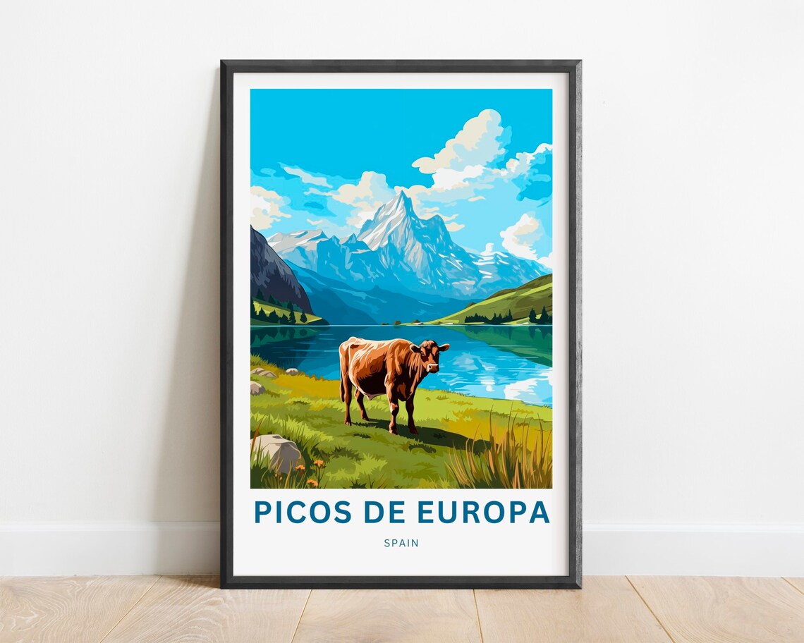 Picos De Europa Spain Snowy Peak Alpine Lake Cow Travel Poster