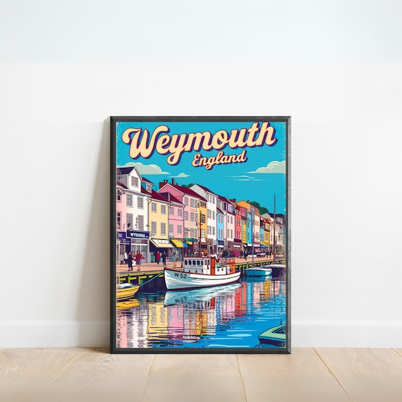 Weymouth England Colorful Vintage Harbor Boat Scene Travel Poster