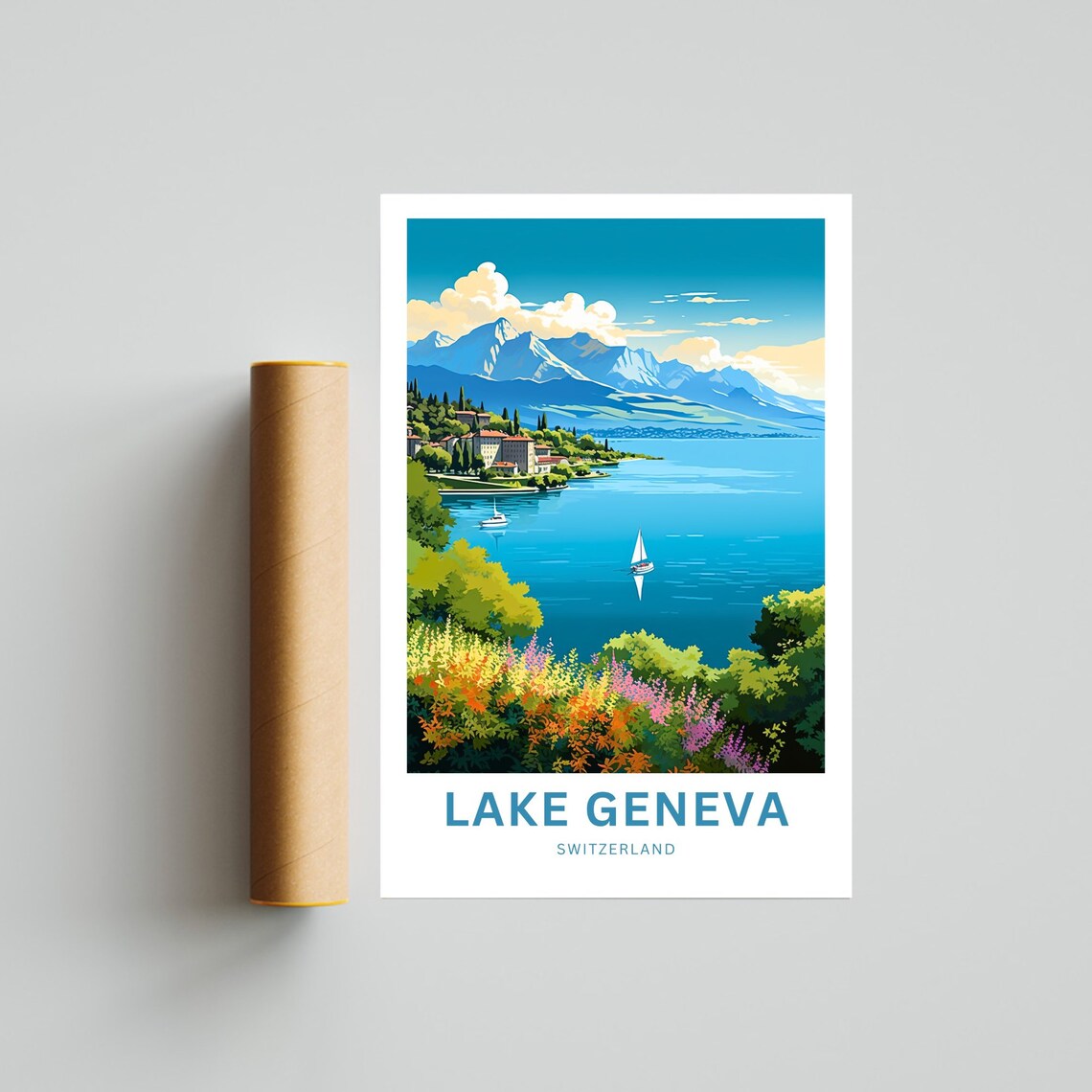 Personalized Lake Geneva Switzerland Sailboat Bay Travel Poster - Image 4
