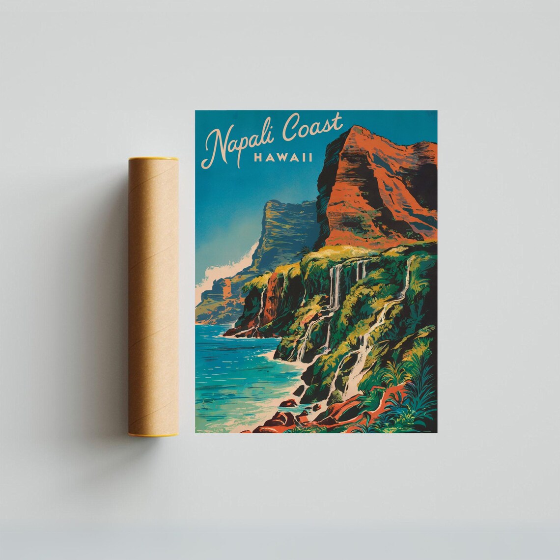 Napali Coast Hawaii Waterfalls Vintage Coastal Travel Poster - Image 4