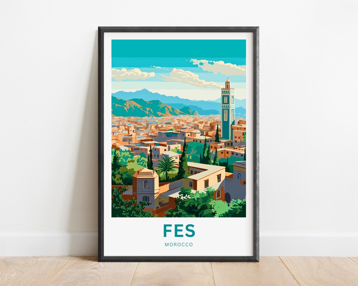 Fes Morocco Ancient Medina Skyline Minaret Vintage Travel Poster