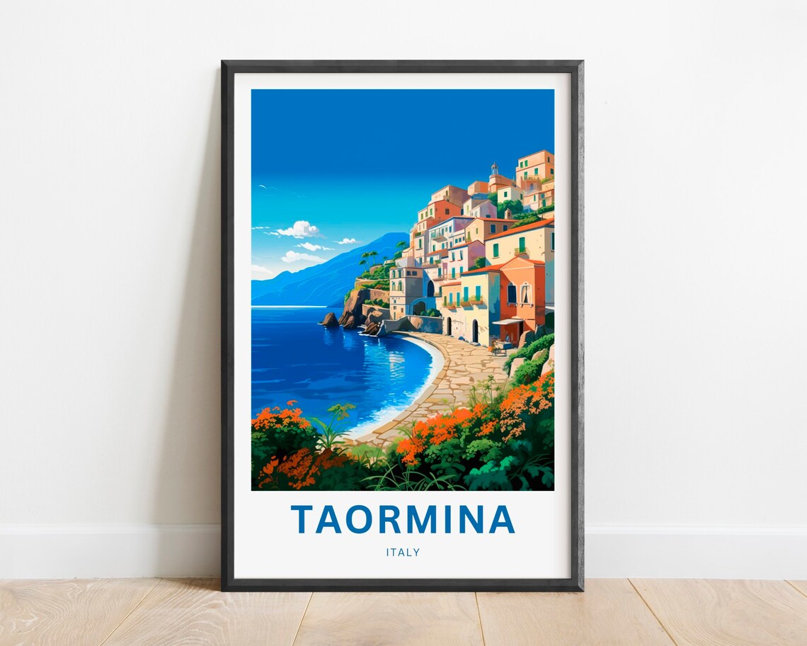 Taormina Italy Seaside Cove Colorful Houses Illustrated Poster