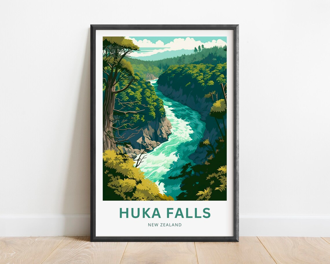 Huka Falls New Zealand Turquoise Rapids Forest Gorge Travel Poster