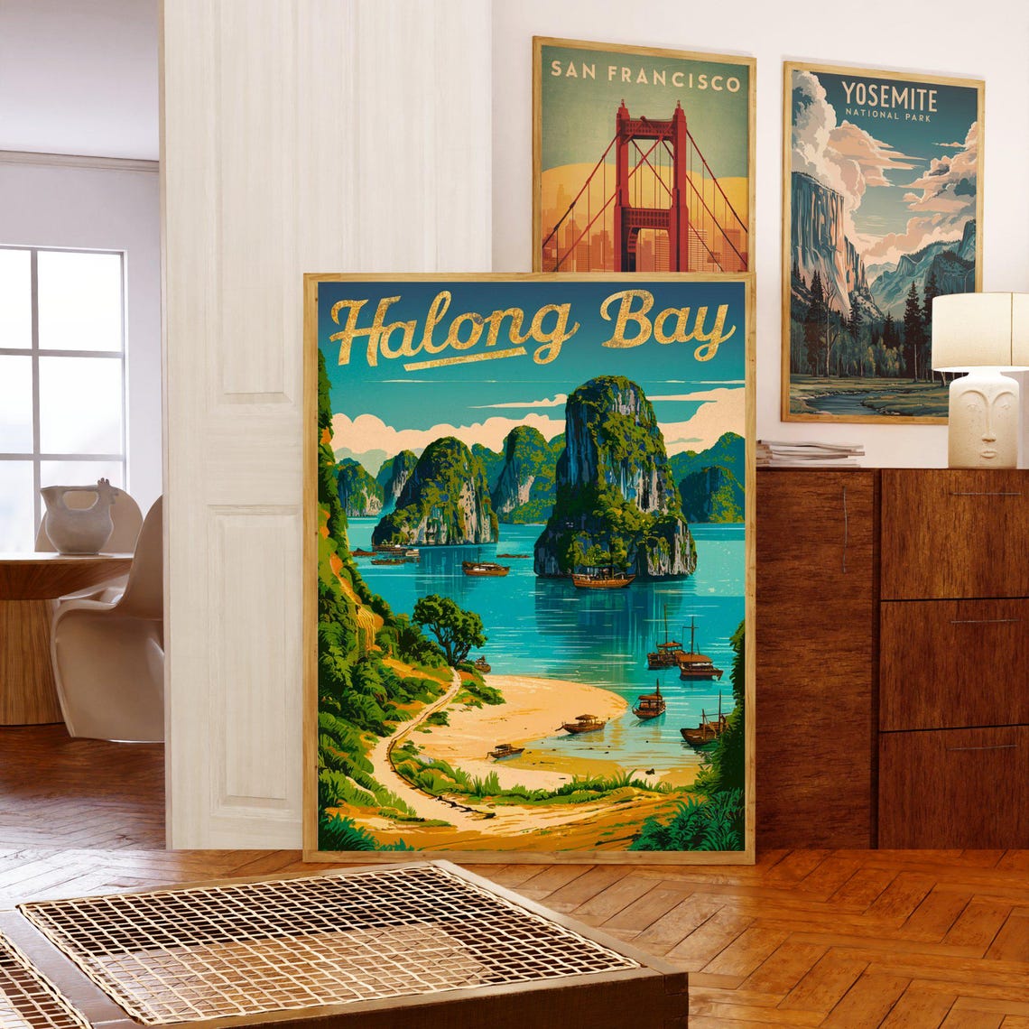 Halong Bay Vintage Sandy Beach Towering Karsts Travel Poster - Image 3