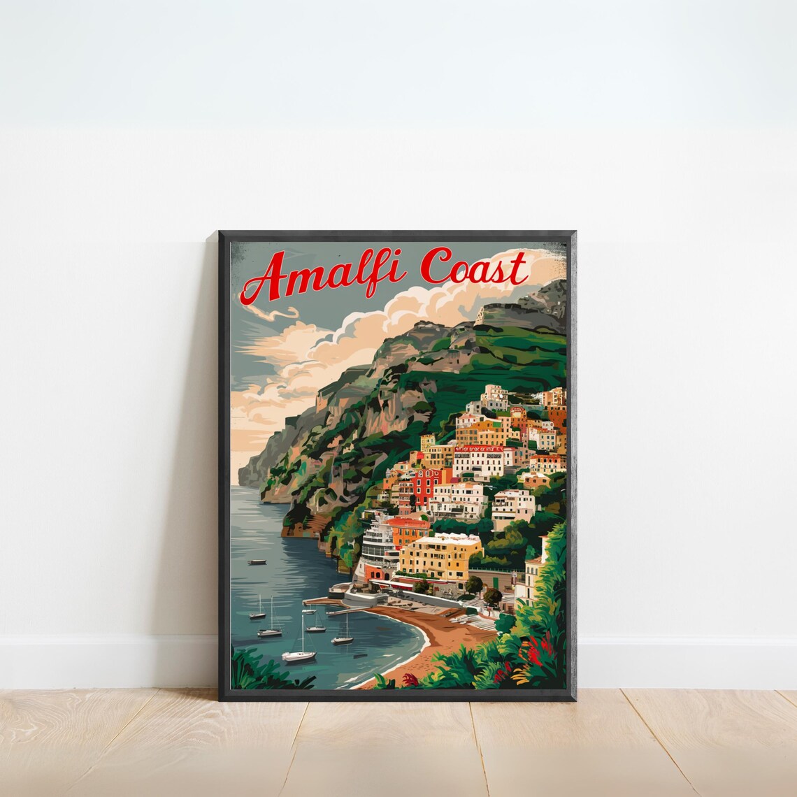 Amalfi Coast Italy Cliff Village Marina Vintage Travel Poster