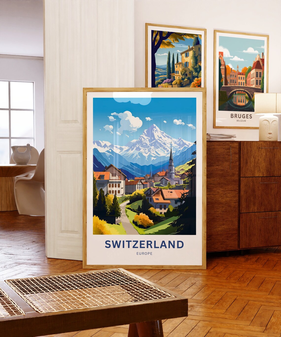 Switzerland Europe Alpine Village Church Snow Peak Travel Poster - Image 5