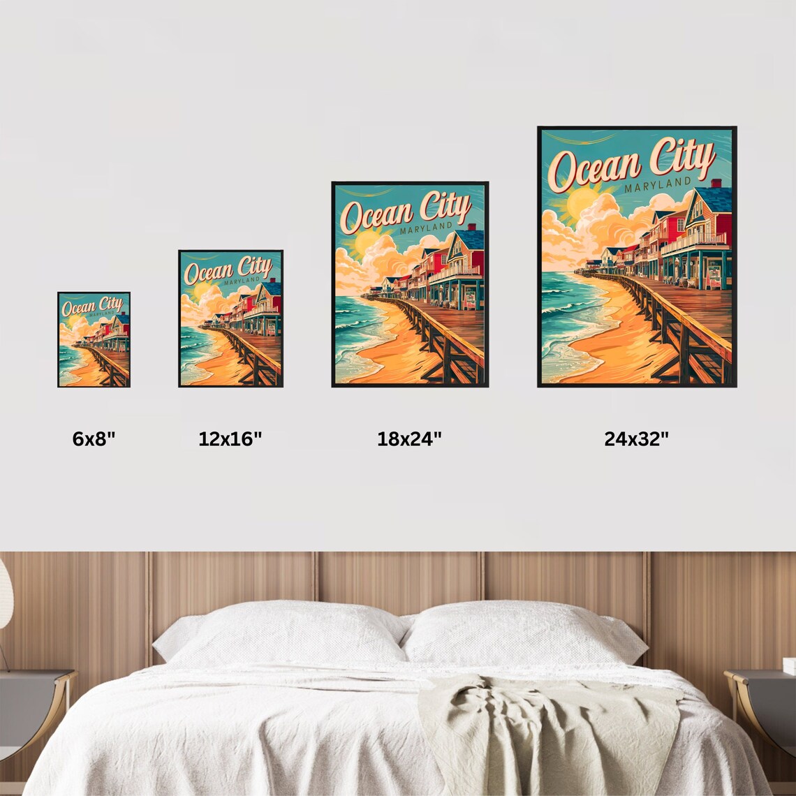 Ocean City Maryland Retro Beach Boardwalk Cottages Art Poster - Image 2