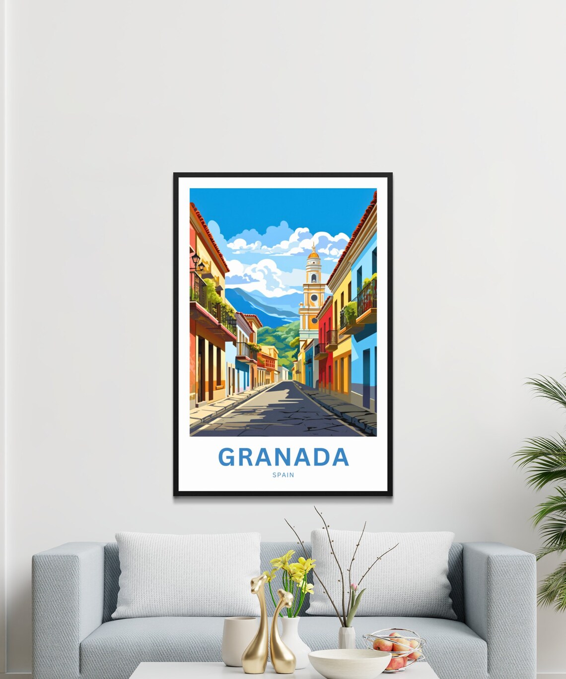 Granada Spain Colorful Old Street Bell Tower Mountains Travel Poster - Image 3