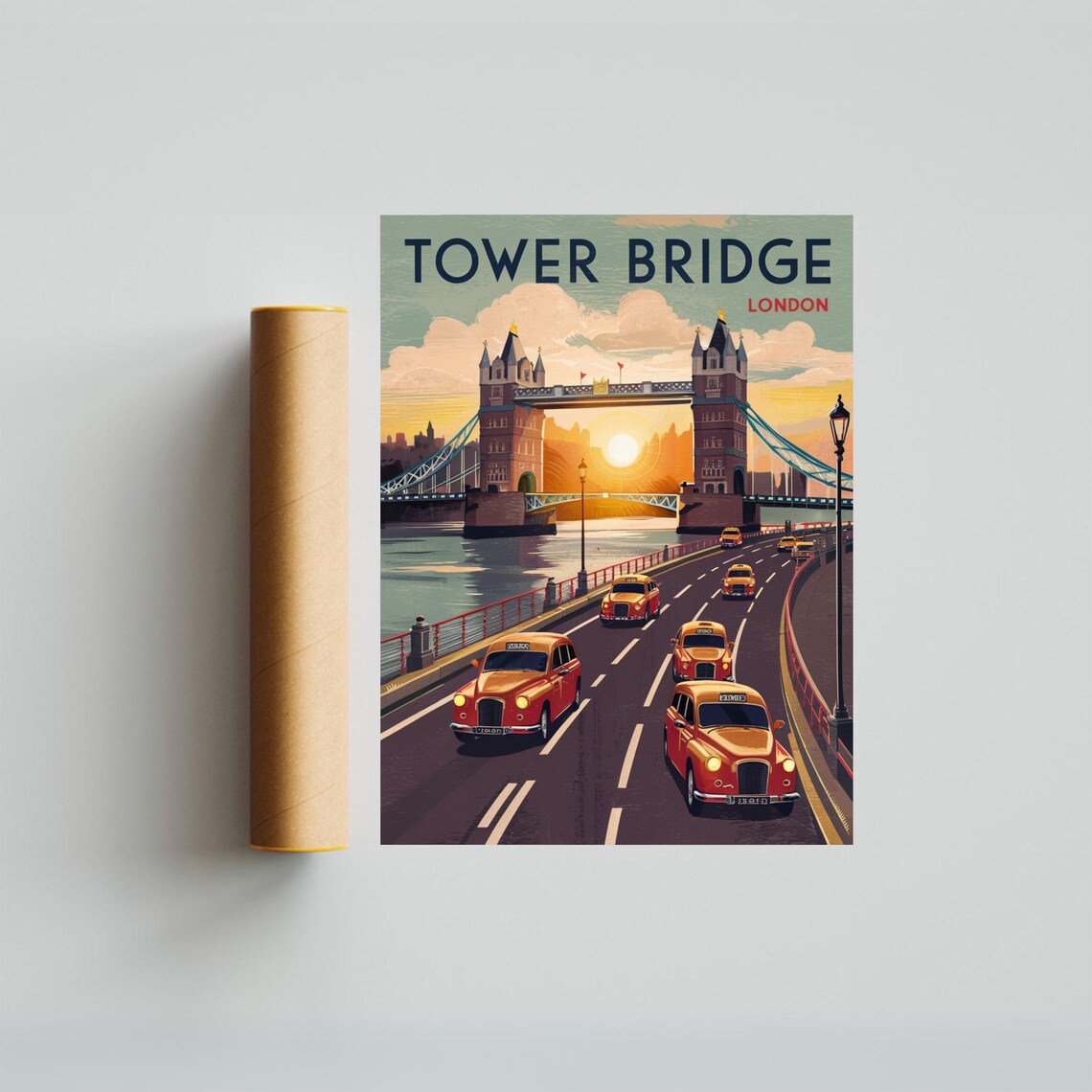 Tower Bridge London Sunset Retro Taxi River Thames Travel Poster - Image 4