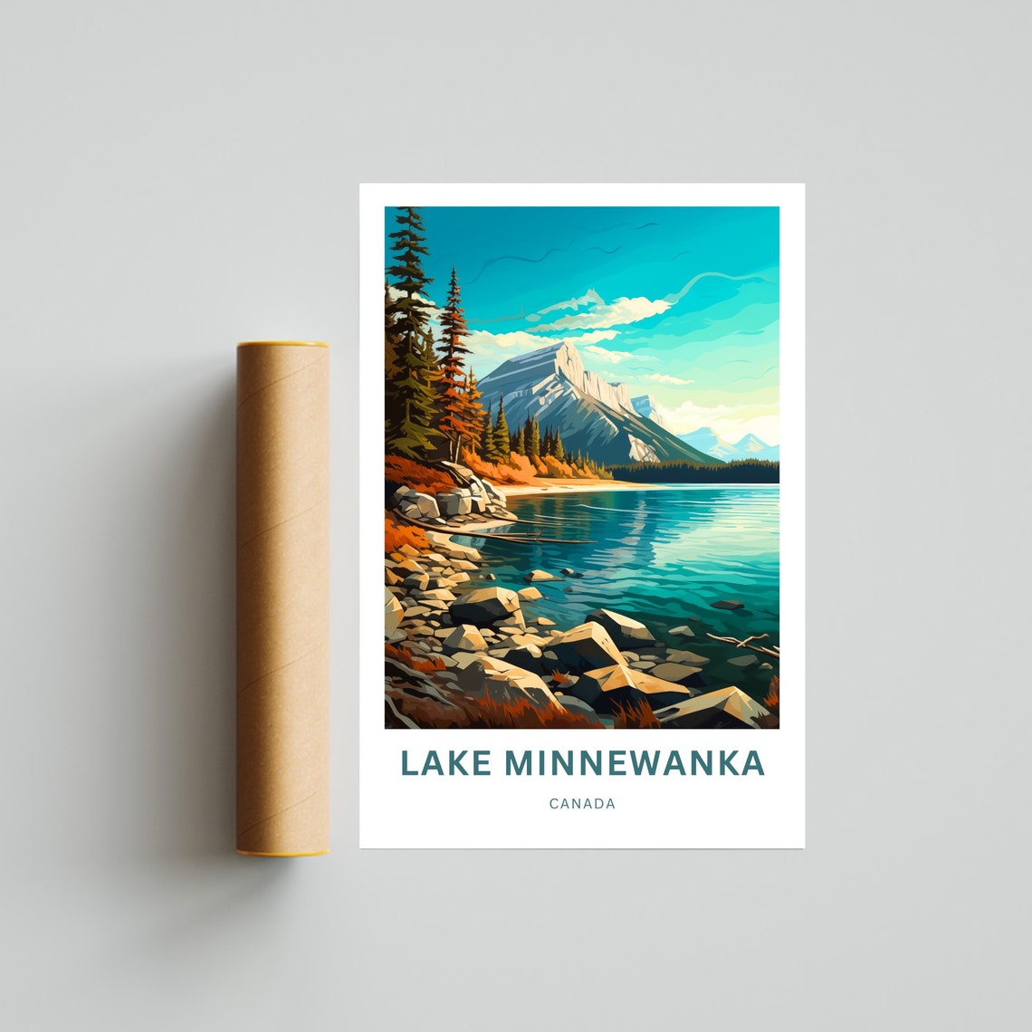 Lake Minnewanka Canada Turquoise Lake Red Canoe Custom Poster - Image 4