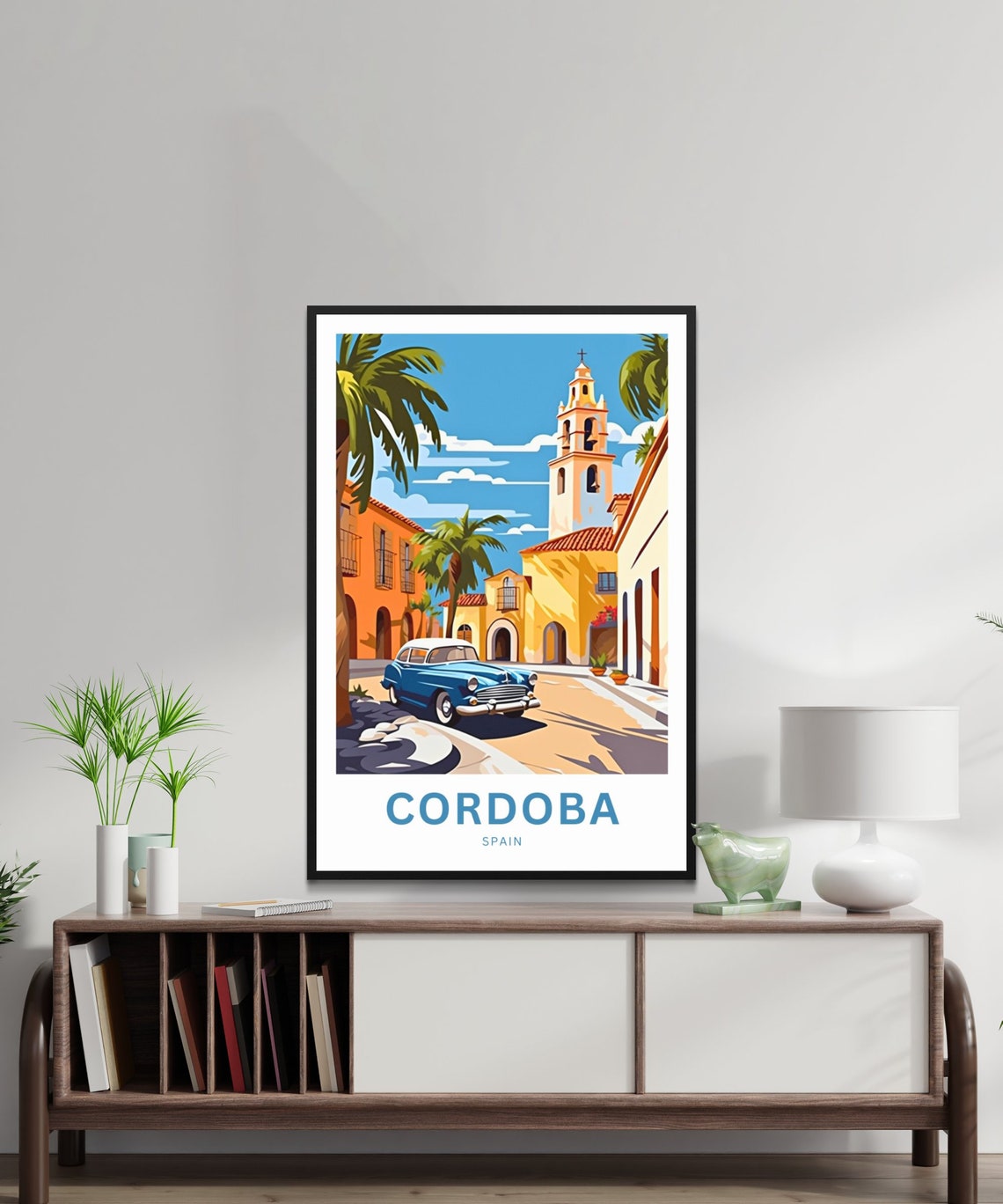 Cordoba Spain Bell Tower Blue Classic Car Custom Travel Poster - Image 2